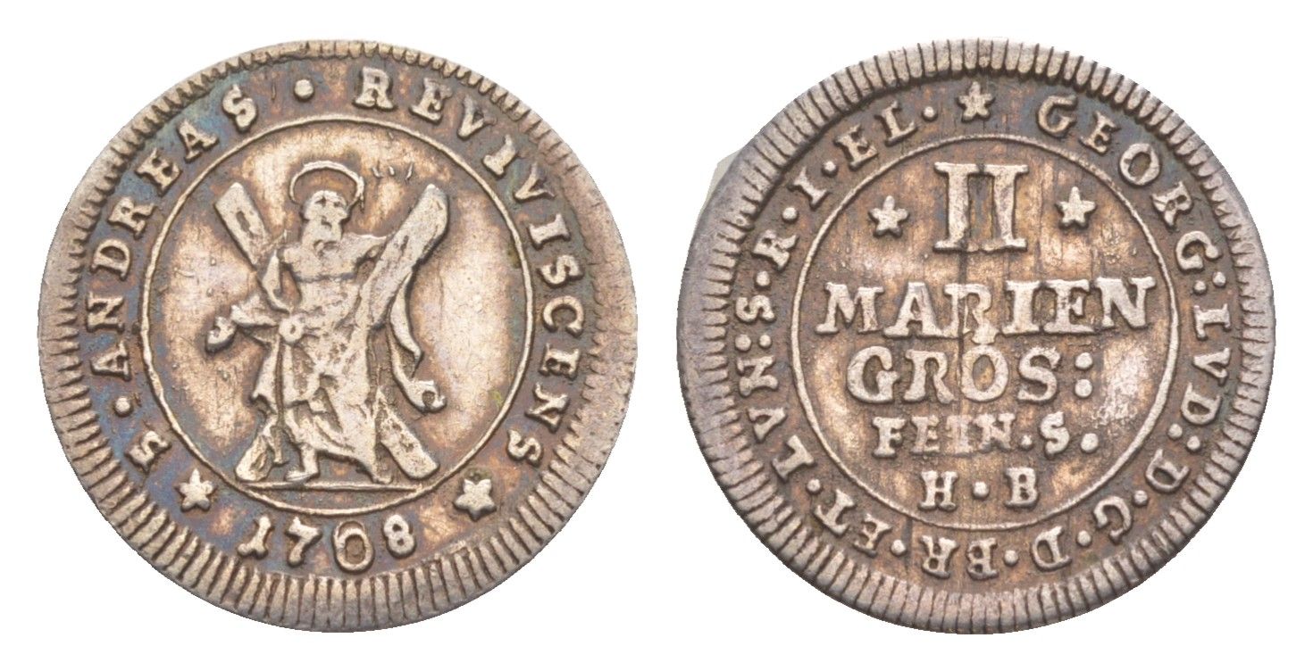 Брауншвейг-Каленберг-Ганновер 2 мариенгроша 1708 HB, Георг I (1698-1727), из коллекции Ричарда Б. Смита Welter 2201, KM 52 серебро 1525-811