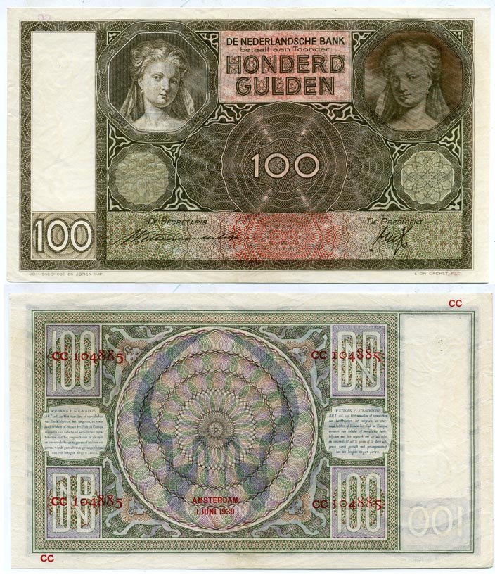 Нидерланды 100 гульденов 1939 01 июня 1939 Pick 51b  бумага aUNC 451-186-2