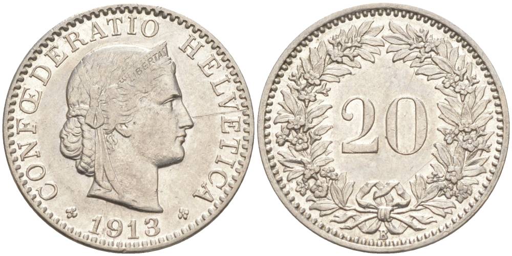 ШВЕЙЦАРИЯ 20 РАППЕНОВ 1913 В KM 29 никель 55-626