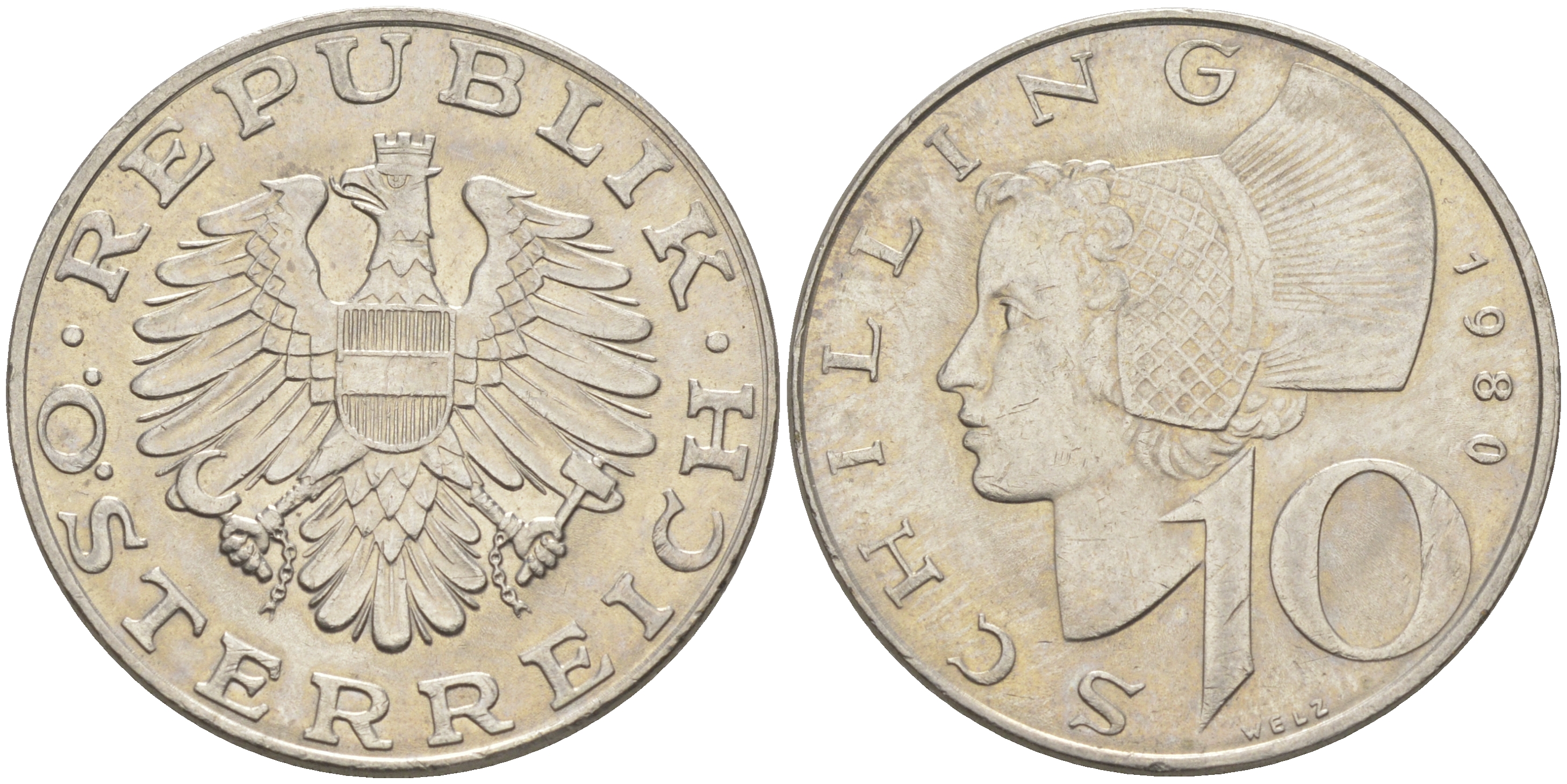 АВСТРИЯ 10 ШИЛЛИНГОВ 1980 KM 2918 никель плакированный медно-никелем 110-1254