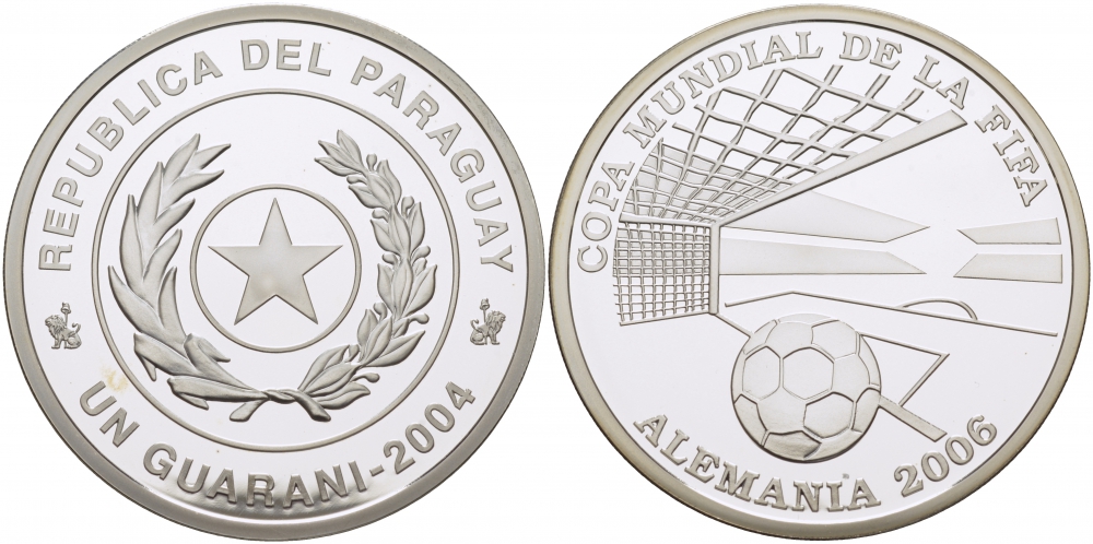 Парагвай 1 гуарани 2004 чемпионат мира по футболу в Германии 2006 FIFA KM 202 серебро PROOF 1077-6-43