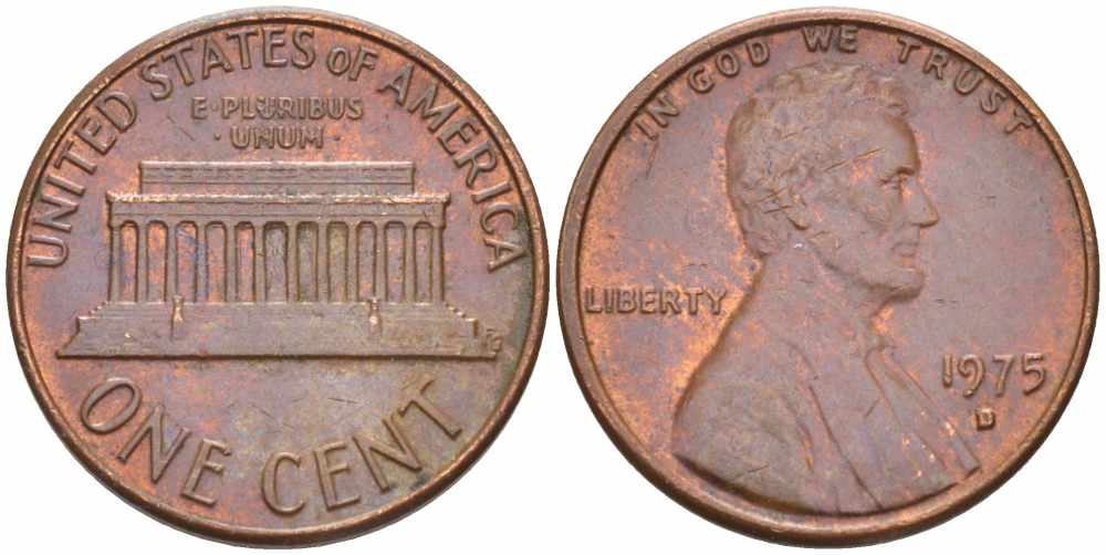 США 1 ЦЕНТ 1975 D, ЛИНКОЛЬН KM 201 медь цинк 105-631