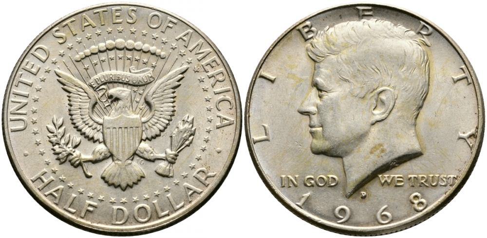 США 1/2 доллара (50 центов) 1968 D, Джон Кеннеди KM 202a серебро UNC 413-2645