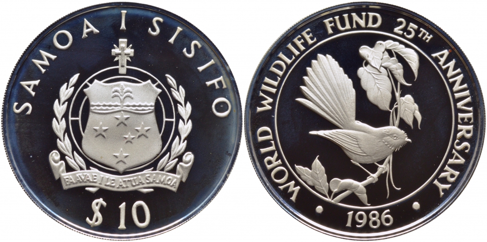 Самоа 10 тала 1986 25 лет WWF, самоанский куриный голубь KM 72 серебро PROOF 01-146-23