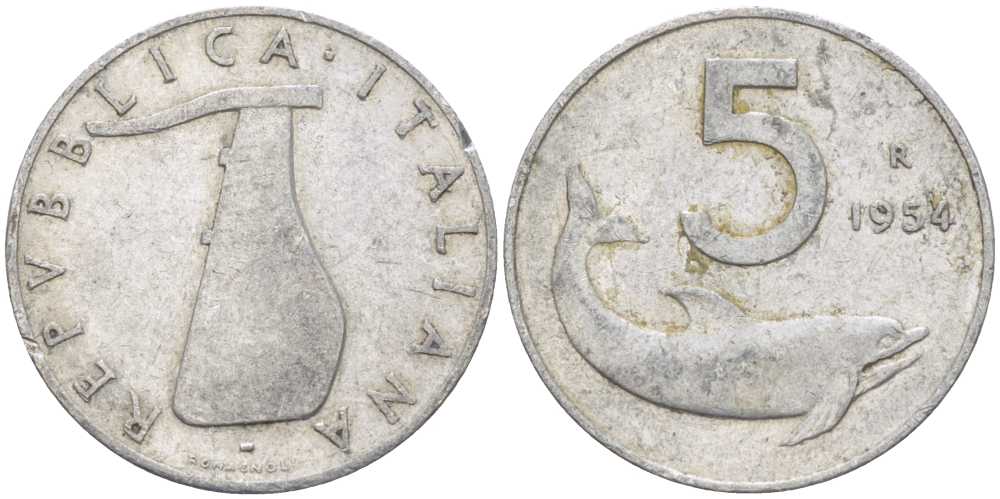 ИТАЛИЯ 5 ЛИР 1954 R, РУЛЬ, ДЕЛЬФИН KM 92 алюминий 175-111