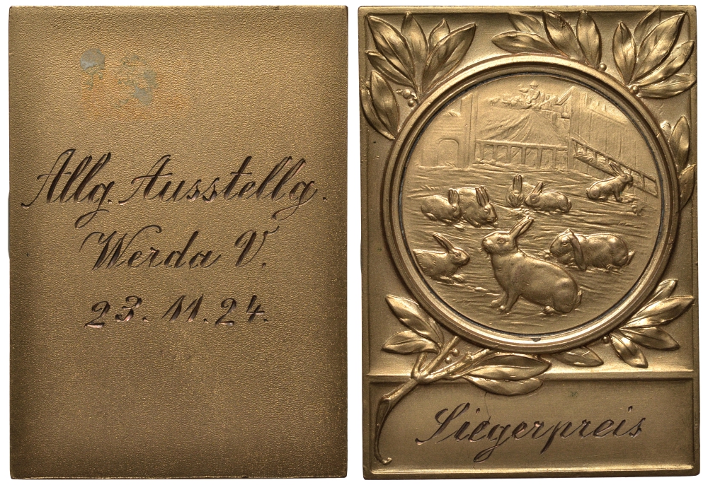ГЕРМАНИЯ ПЛАКЕТКА 1924 ПРИЗ ЗА РАЗВЕДЕНИЕ КРОЛИКОВ, 37*52 мм, 31,4 гр бронза UNC 1082-10-12
