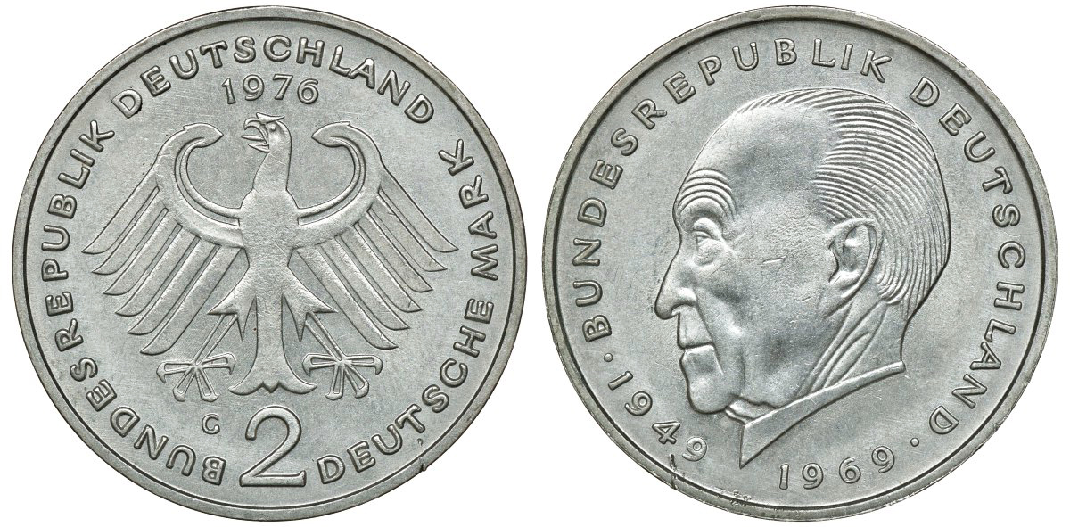 ФРГ 2 МАРКИ 1976 G, КОНРАД АДЕНАУЭР KM 124, J. 406 медно-никель плакированный никелем плакированный никелем UNC 72-513