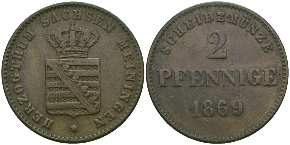 Саксен-Мейнинген 2 пфеннига 1869 Георг II (1866-1914) KM 174, Jaeger 448, AKS 215 медь 99-665