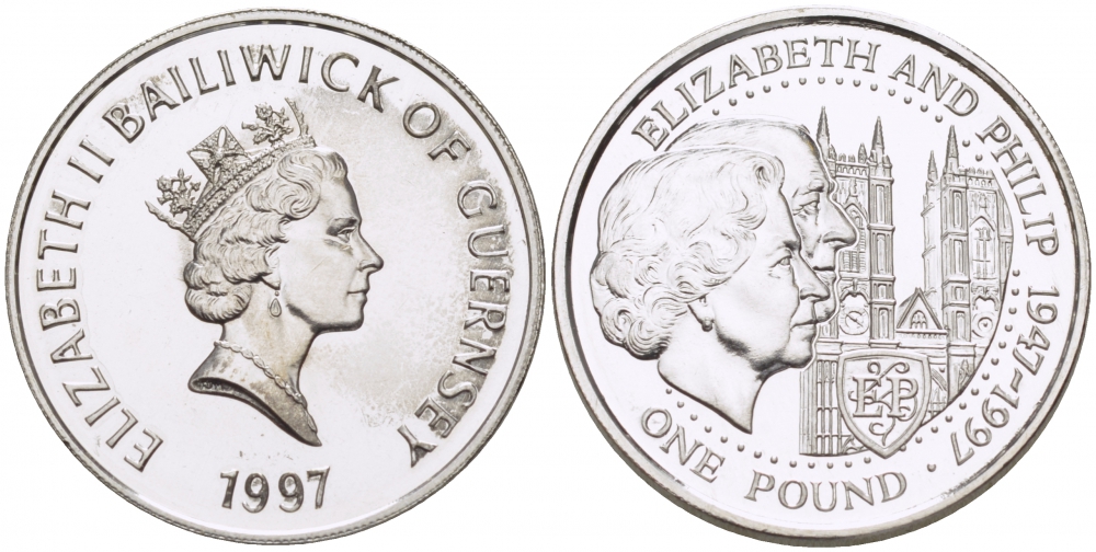 Гернси 1 фунт 1997 Елизавета и Филлип, золотая свадьба KM 70 серебро UNC 650-224
