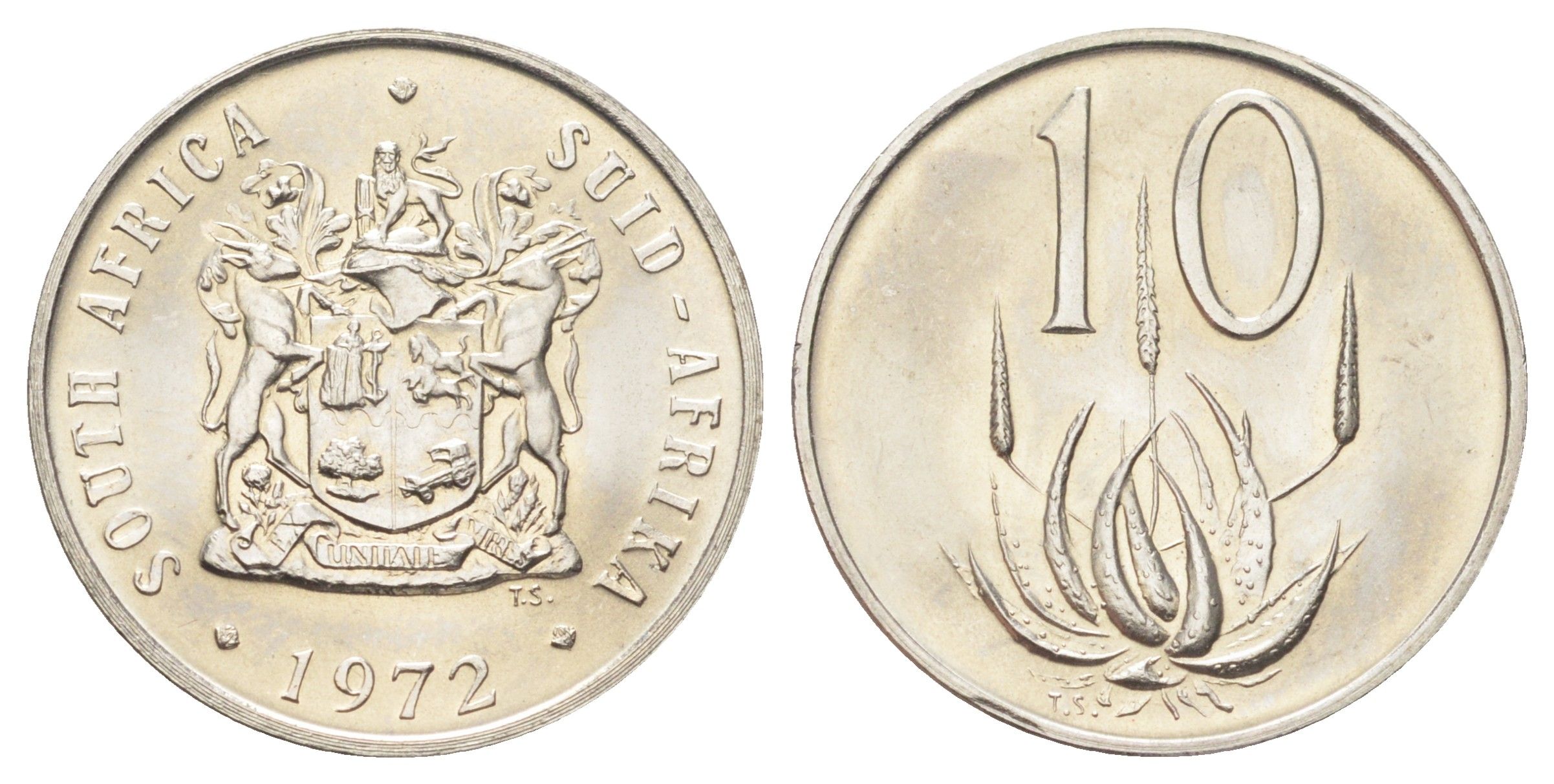 ЮАР 10 центов 1972 герб, цветок алоэ KM 85 никель UNC 4696-1021