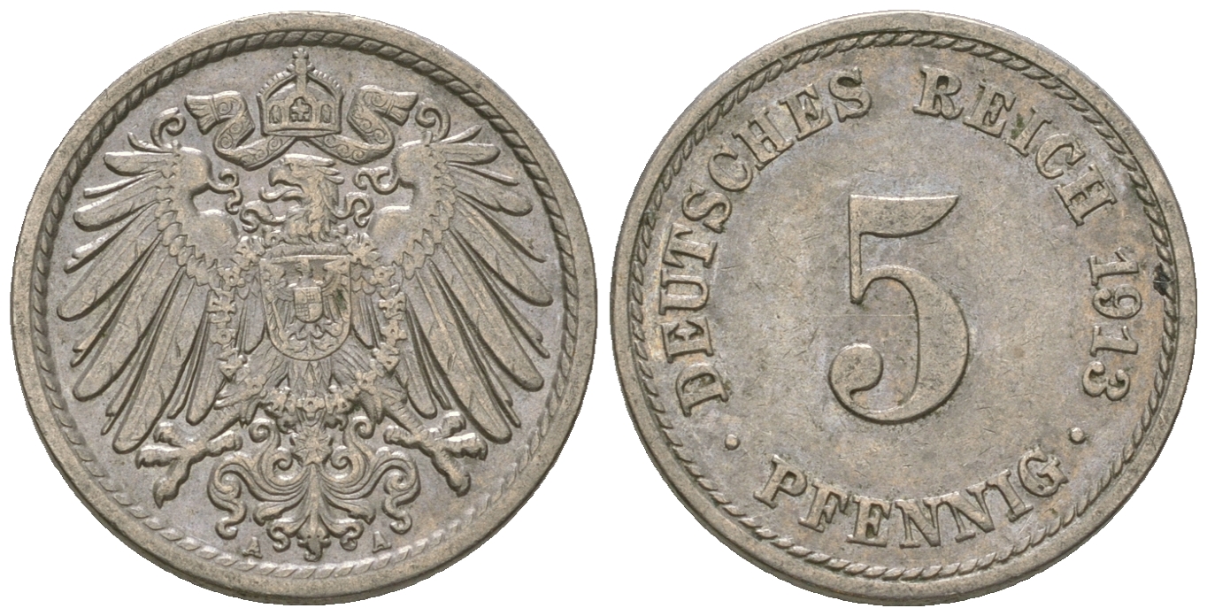 ГДР 5 пфеннигов 1913 A, KM 11, J. 12 медно-никель 3458-1123