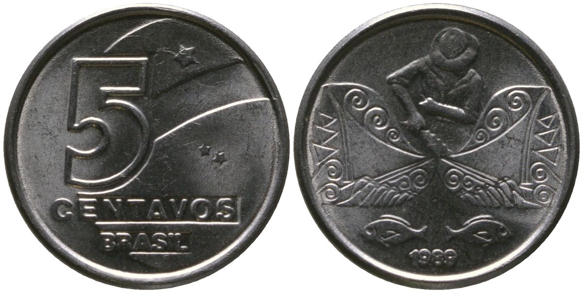 Бразилия 5 сентаво 1989 KM 612, Schon 121 нержавеющая сталь 4576-142