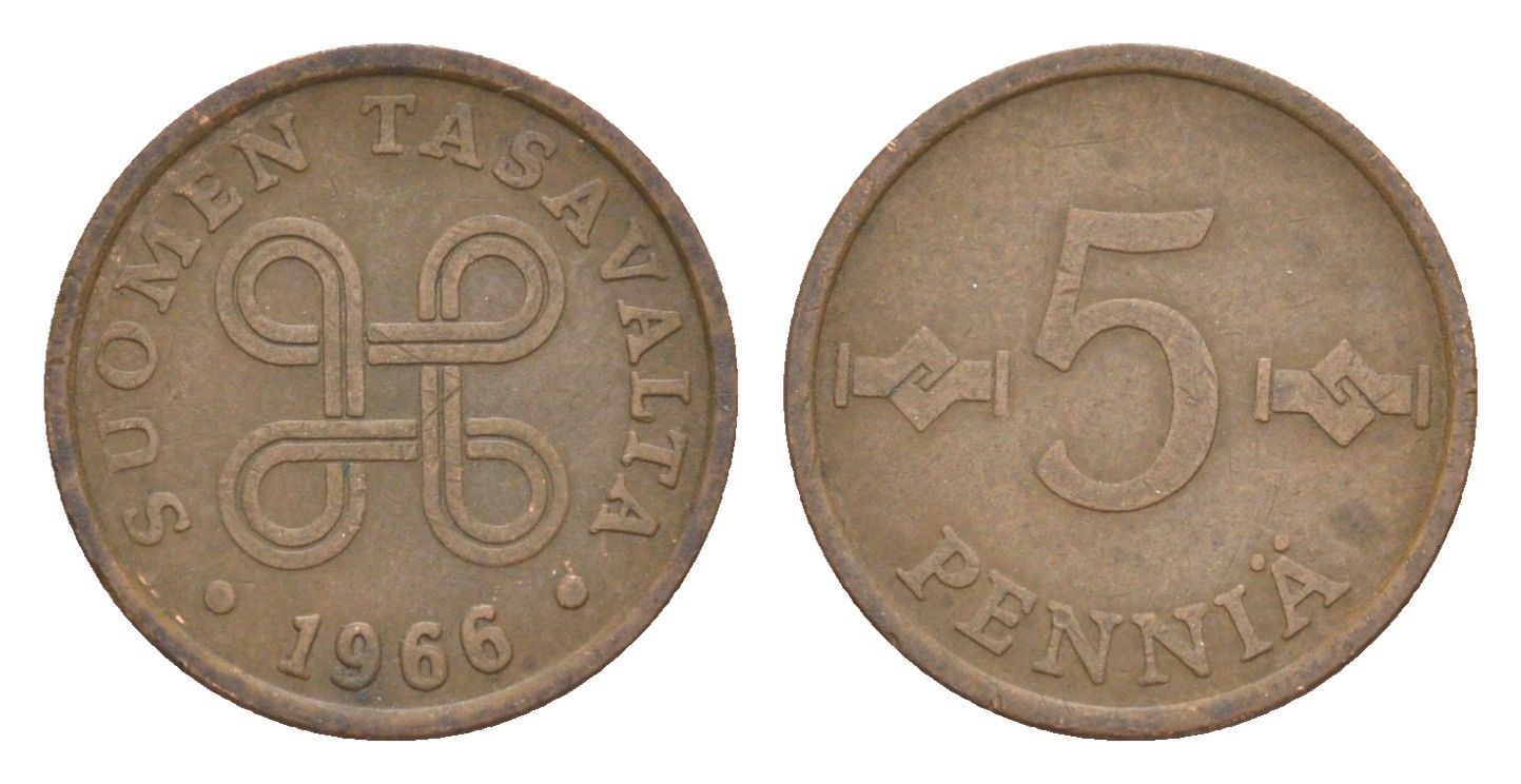 Финляндия 5 пенни 1966 KM 45 медь 4647-256