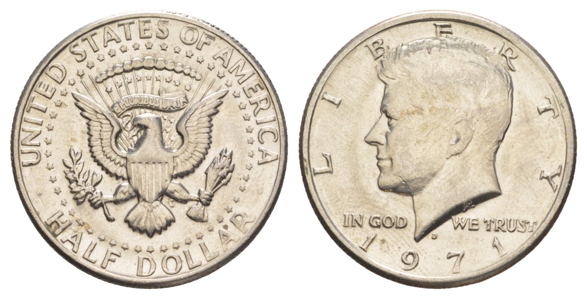 США 1/2 доллара (50 центов) 1971 D, Джон Кеннеди KM 202b медь плакированная медно-никелем aUNC 69-721