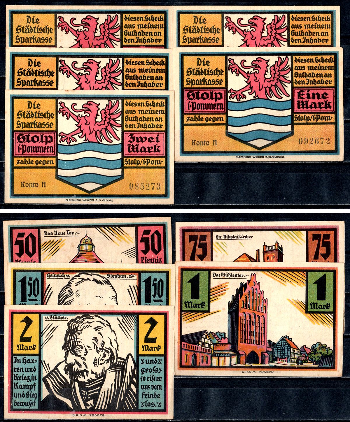 Штольп (Пруссия, Померания) полный набор из 5 нотгельдов (50 и 75 пфеннигов; 1, 1,5 и 2 марки) 1922 Mehl Grabowski 1275.1 бумага UNC (пресс) 7556-58-1-1