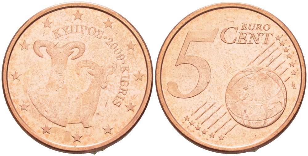 Кипр 5 евроцентов 2009 два муфлона KM 80 сталь плакированная медью UNC 99-138