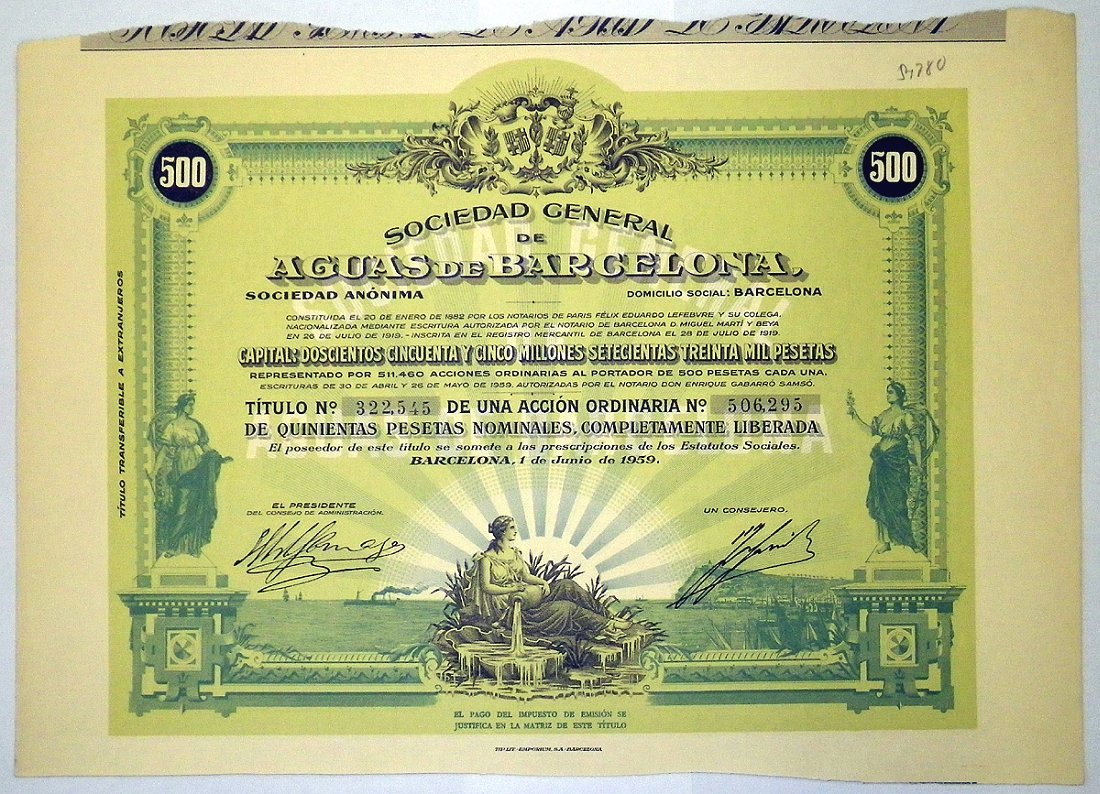 ИСПАНИЯ, AGUAS DE BARSELONA - ВОДОПРОВОДНАЯ КОМПАНИЯ БАРСЕЛОНЫ АКЦИЯ В 500 ПЕСЕТ 1959 ИСПАНИЯ бумага 5553-9