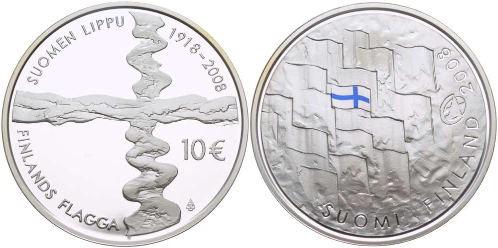 Финляндия 10 евро 2008 90 лет Финскому флагу, цветная эмаль KM 140 серебро  PROOF 1085-9-52