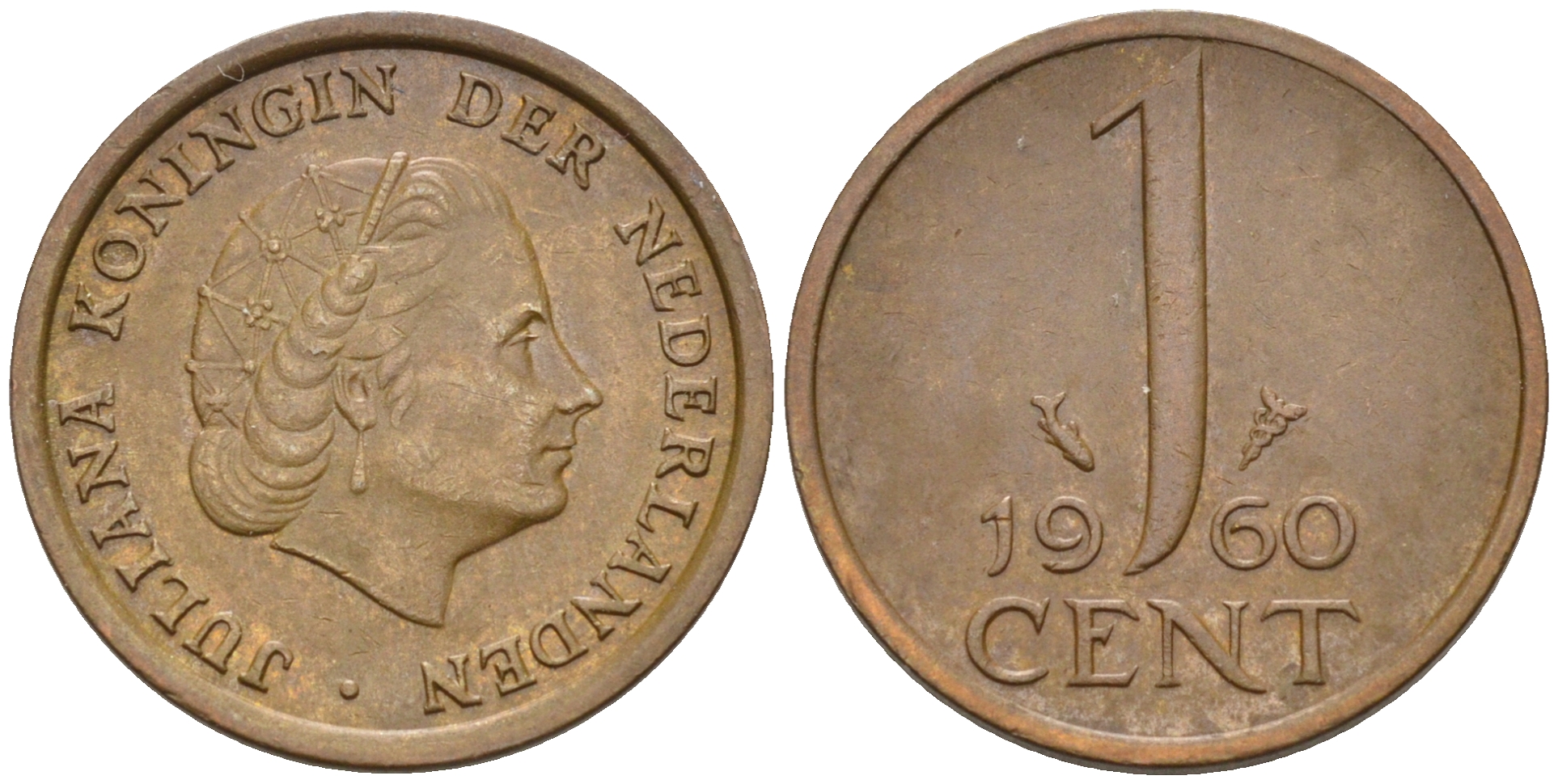 Нидерланды 1 цент 1960 Юлиана (1948-1980) КМ 180 бронза    4174-557