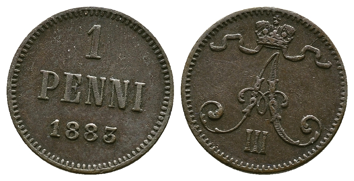 РОССИЯ ДЛЯ ФИНЛЯНДИИ 1 ПЕННИ 1883 АЛЕКСАНДР III KM 10, Биткин 251 медь 4383-436