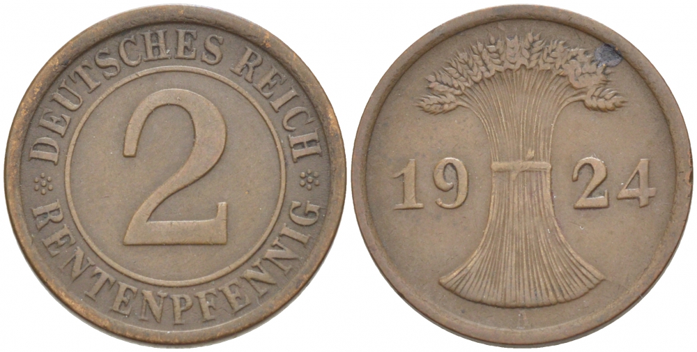 ГЕРМАНИЯ 2 РЕНТЕНПФЕННИГА 1924 A KM 31, J.307 бронза 4532-539