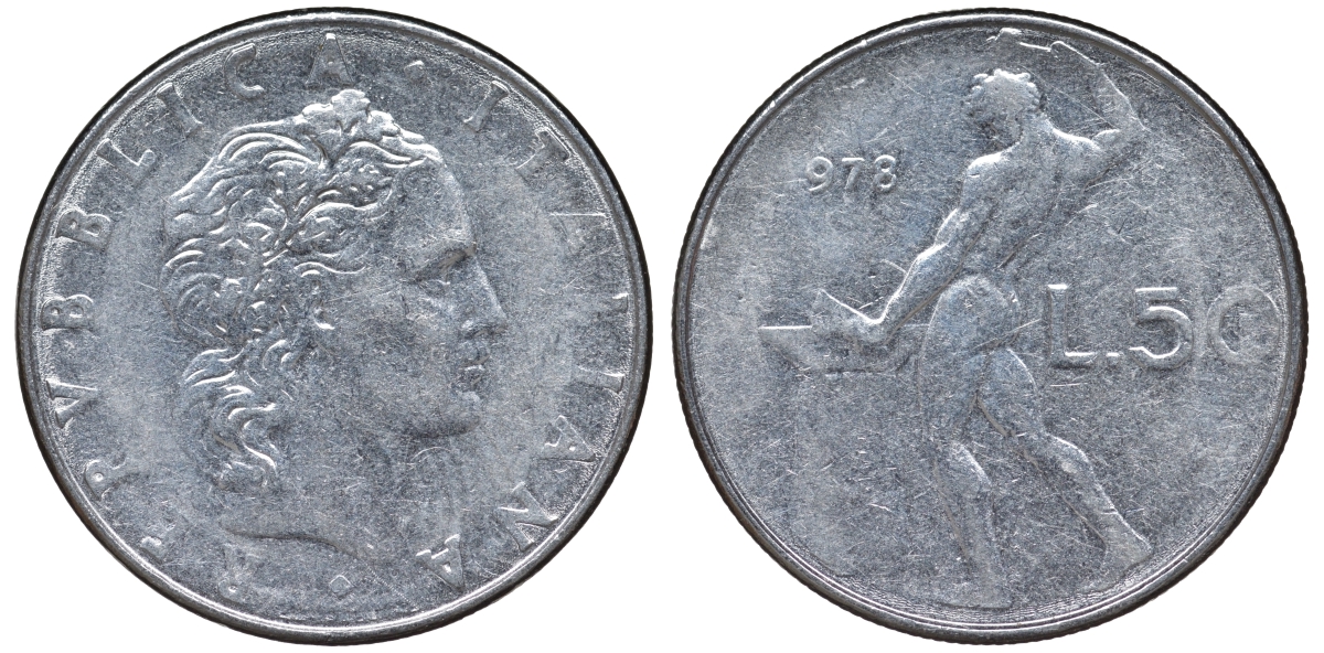 Италия 50 лир 1978 R, бог Вулкан у наковальни KM 95.1 нержавеющая сталь 4142-1144