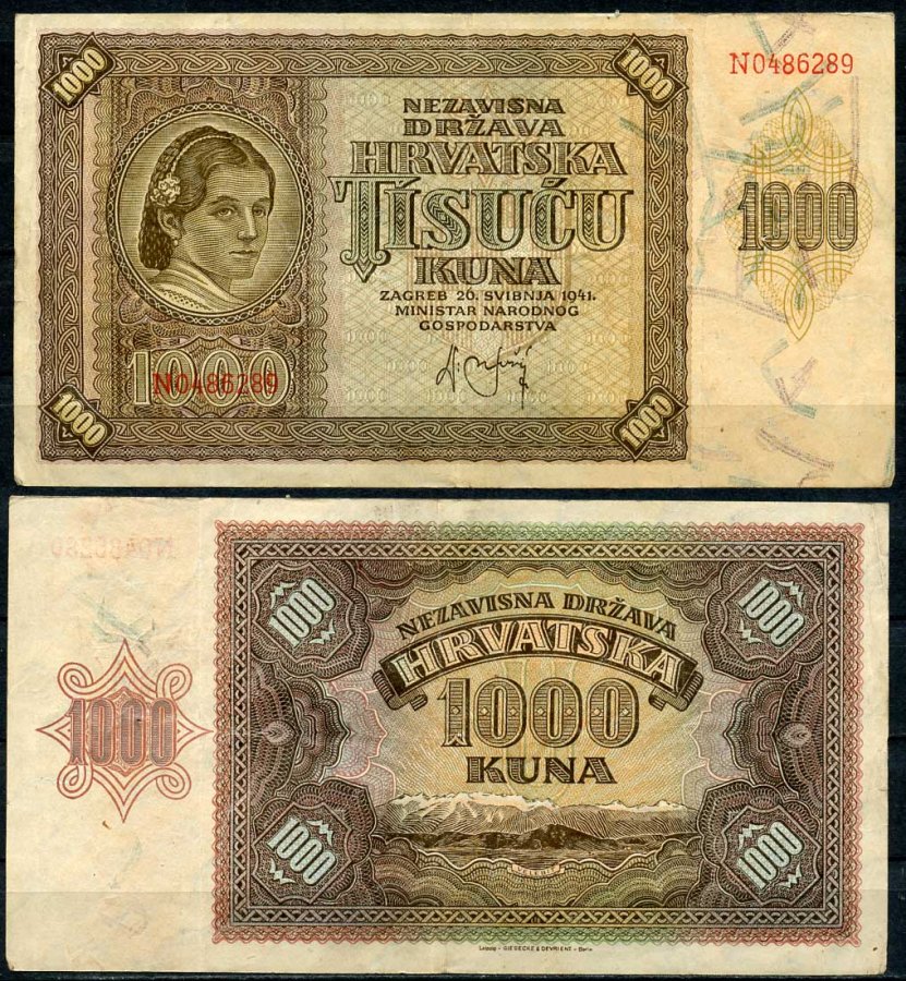 Хорватия 1000 кун 1941 женщина, горы Велебит Pick 4 бумага 8619-5-2-2