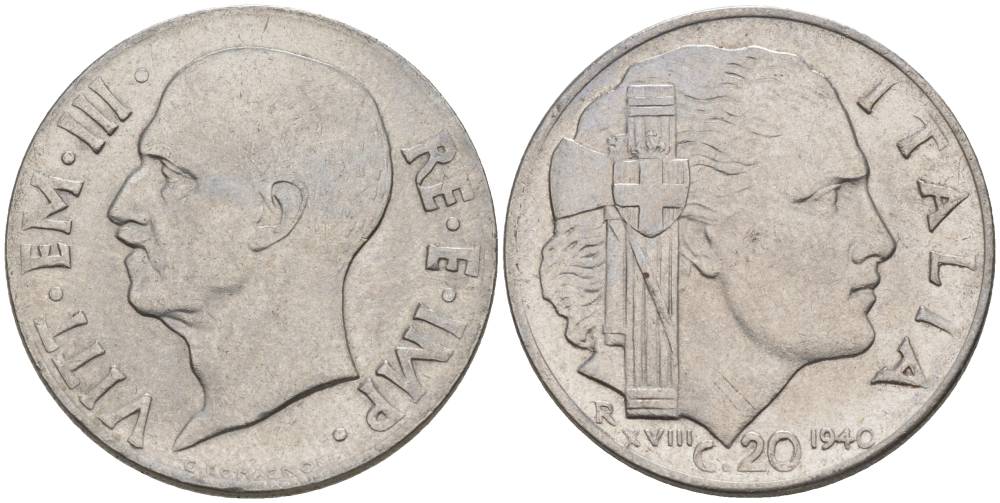 ИТАЛИЯ 20 ЧЕНТЕЗИМО 1940 R, ГОД XVIII, ВИКТОР ЭММАНУИЛ III (1900-1946), МАГНИТНАЯ, ГУРТ РИФЛЁНЫЙ KM 75b, VEM3. 1025 нержавеющая сталь 3853-522