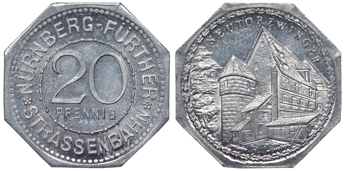 Германия, Нюрнберг - Фюрт 20 пфеннигов ND трамвайный жетон, надвратная башня Неутор алюминий UNC 4119-725