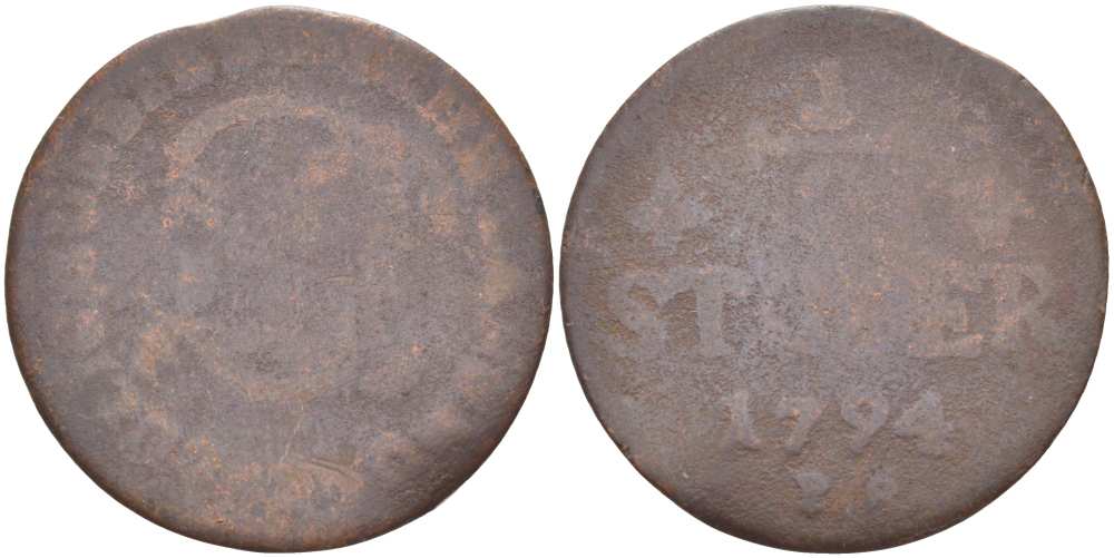 Юлих-Берг 1/2 штюбера 1794 PR, Карл Теодор (1742-1799) KM 206 медь 210-1145