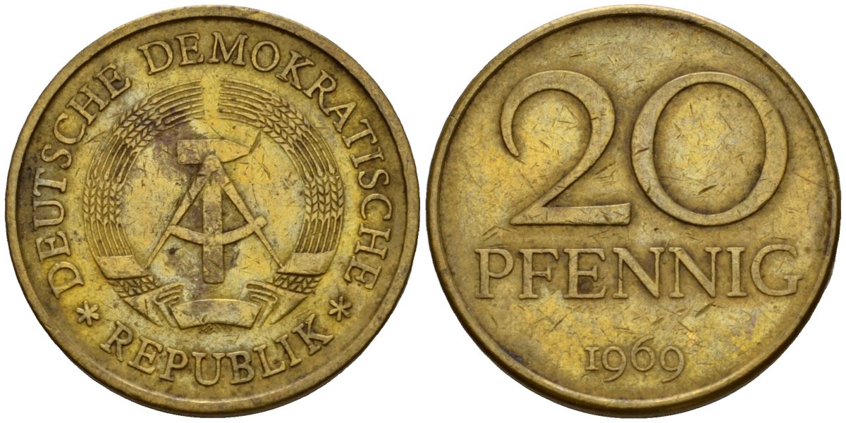 ГДР 20 пфеннигов 1969 A, первый год KM 11 латунь 4601-537