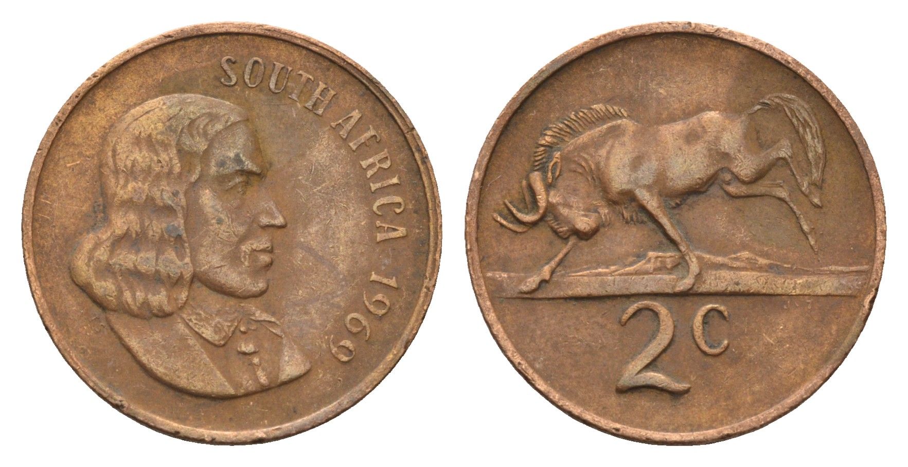 ЮАР 2 цента 1969 Ян ван Рибек (1619-1677), South Africa, легенда на английском, антилопа KM 66.1 бронза 4122-446