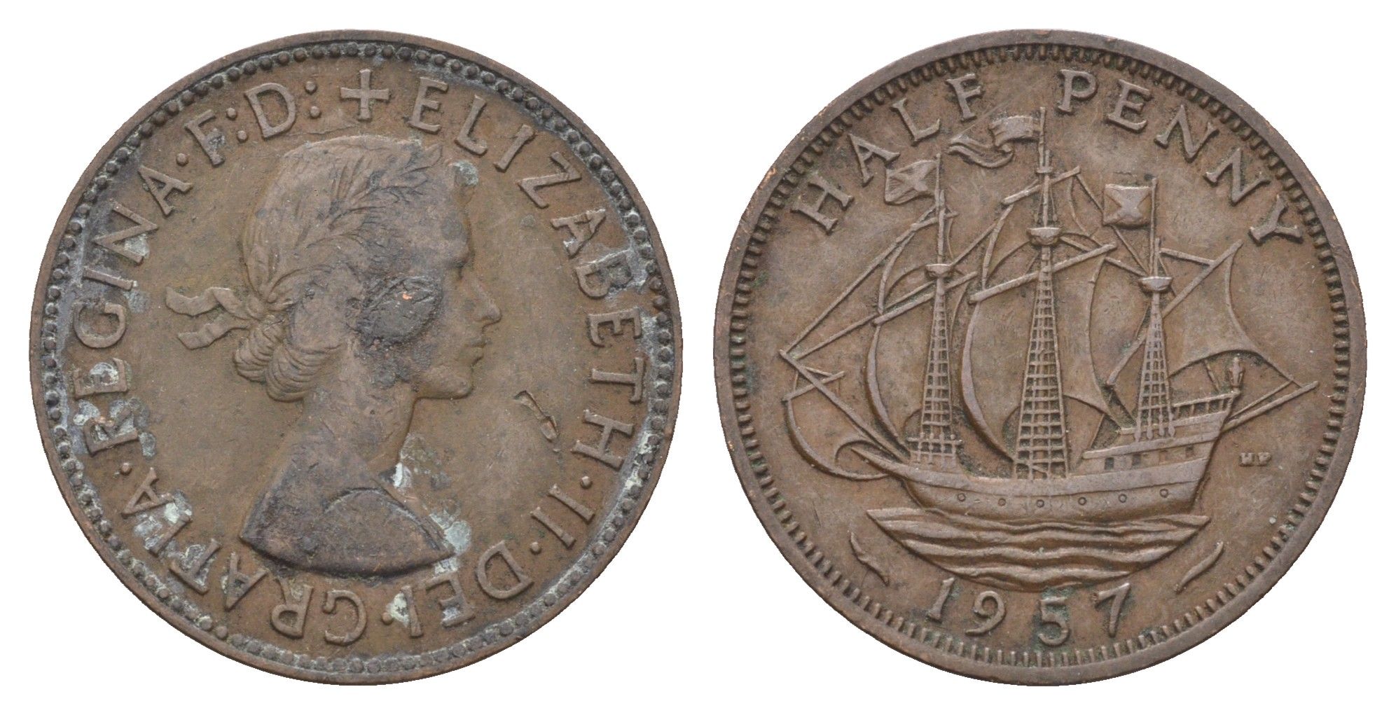 Великобритания 1/2 пенни 1957 Елизавета II (1952-2022) KM 896, Spink 4158 бронза    4660-636