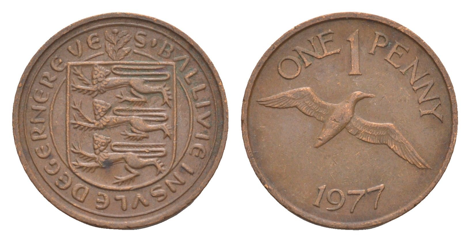 Гернси 1 пенни 1977 Елизавета II (1952-2022), северная олуша в полете KM 27 бронза 4655-939