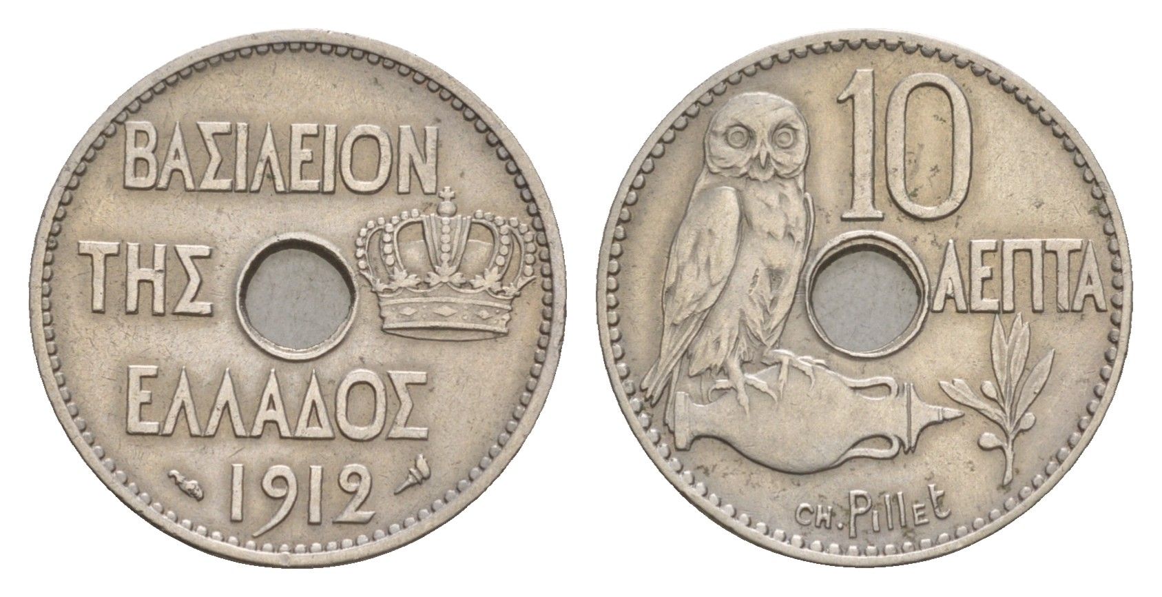 Греция 10 лепт 1912 Георг I (1863-1913), сова KM 63 никель 4655-412