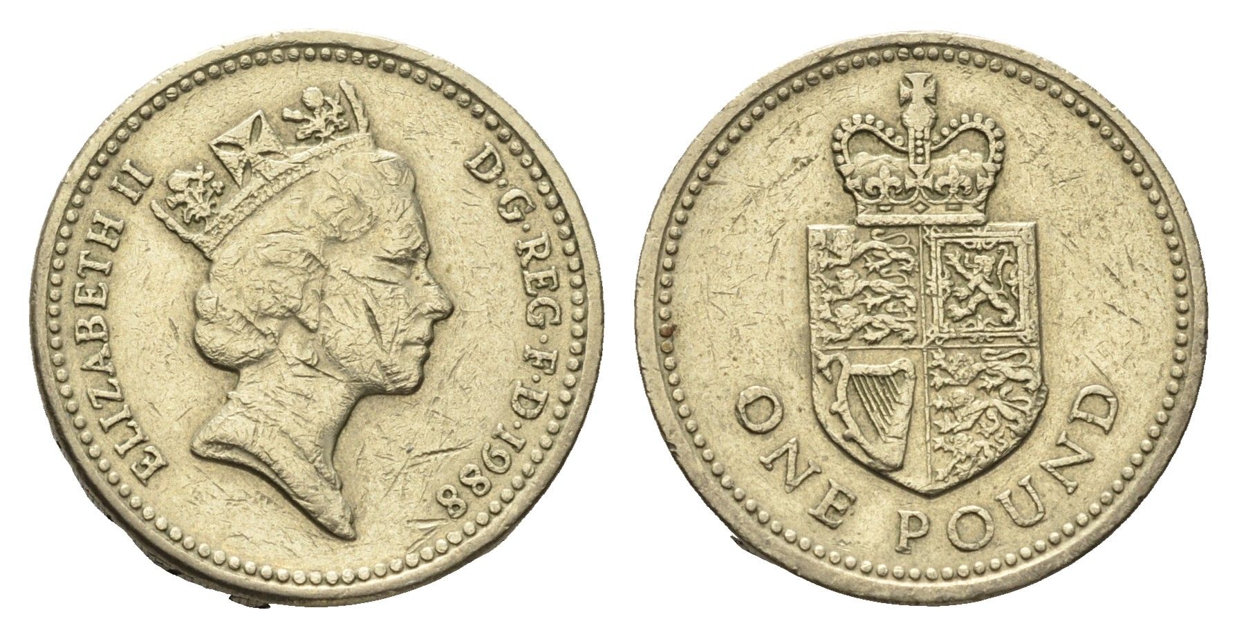 Великобритания 1 фунт 1988 Елизавета II (1952-2022), год-тип KM 954, Spink J6 никель латунь 4691-821