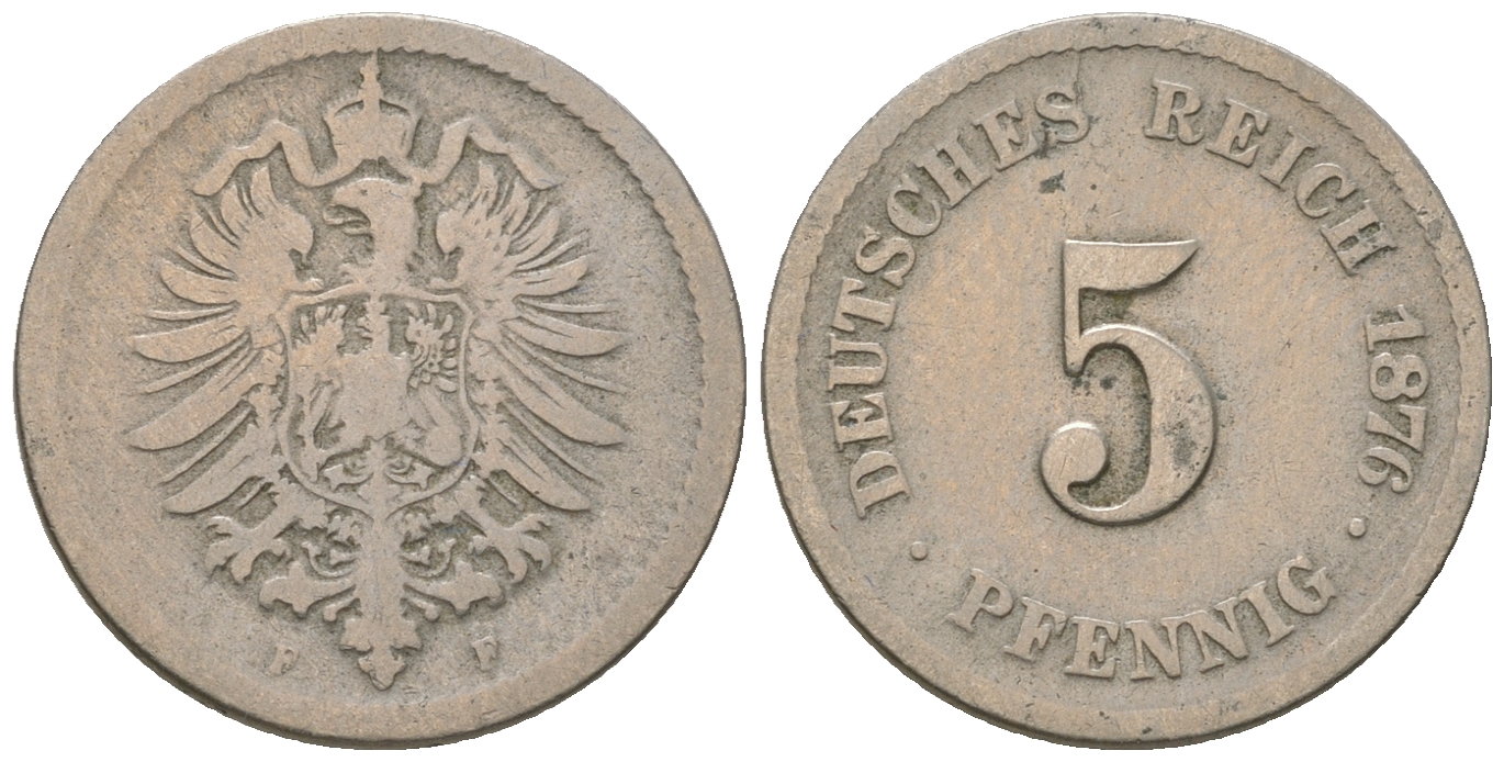 Германия 5 пфеннигов 1876 F, старогербовка KM 3, J.3 медно-никель 4164-654