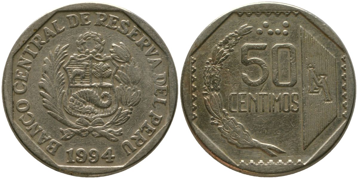 Перу 50 сентимо 1994 LIMA KM 307.1, Schon 106 медь цинк никель 4543-432