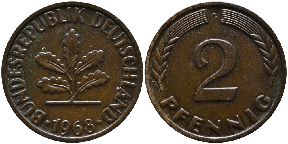 ФРГ 2 пфеннига 1968 G KM 106a, J.381a сталь плакированная медью 99-156