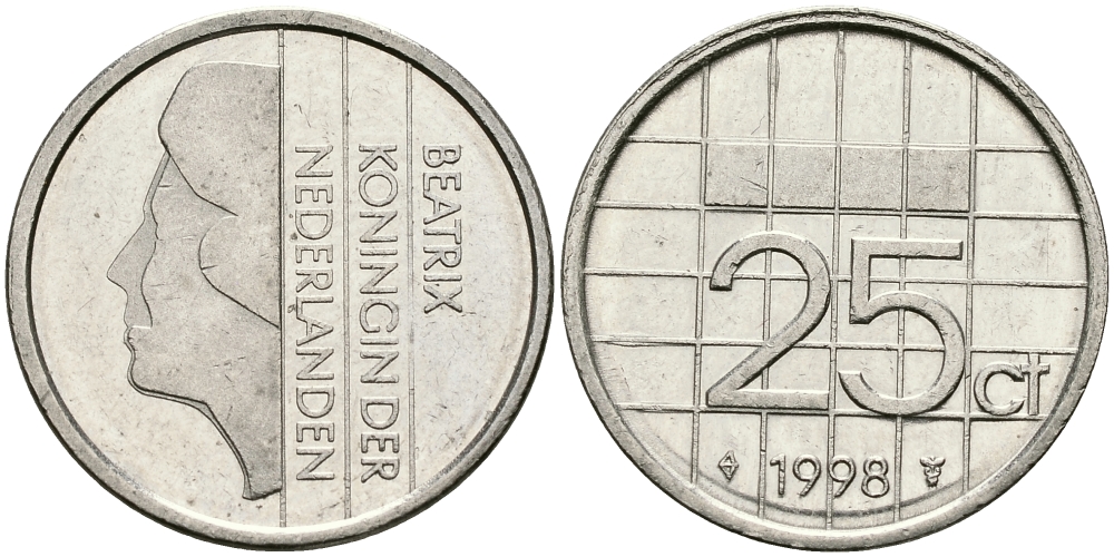 Нидерланды 25 центов 1998 Беатрикс (1980-2013) KM 204 никель 96-333