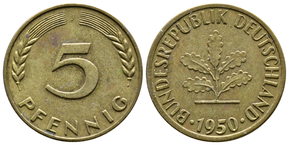 ФРГ 5 ПФЕННИГОВ 1950 J KM 107, J.382 сталь плакированная латунью 26-1066