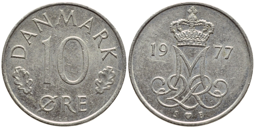 ДАНИЯ 10 ЭРЕ 1977 S; B, МАРГРЕТЕ II (1972-) KM 860.1 медно-никель 4396-536
