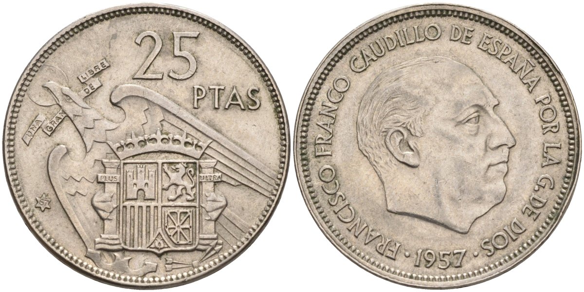 Испания 25 песет 1957 (67) Франциско Франко (1939-1975) KM 787 медно-никель 4583-1032
