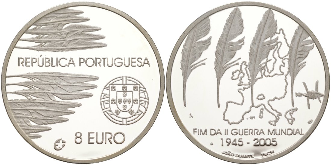 Португалия 8 евро 2005 60 лет окончания 2-ой мировой войне KM 773а серебро PROOF 01-345-25
