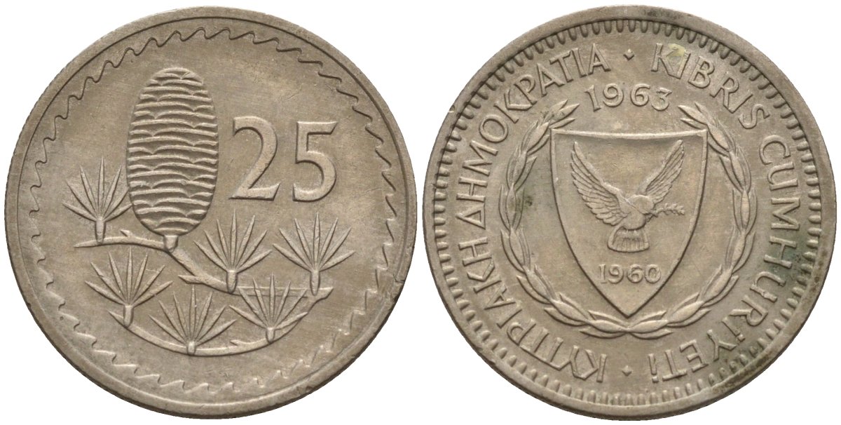 Кипр 25 милей 1963 KM 40 медно-никель 4174-937
