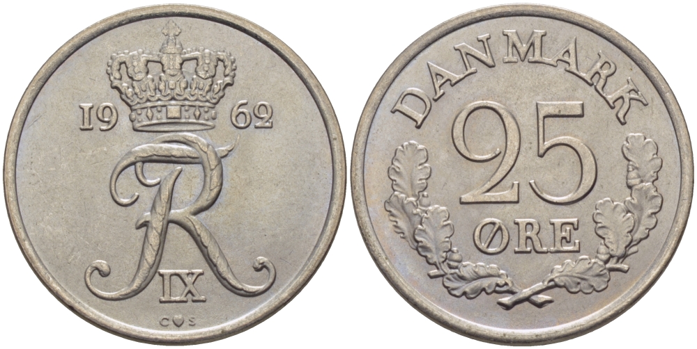 ДАНИЯ 25 ЭРЕ 1962 С; S, ФРЕДЕРИК IX (1947-1972) KM 850 медно-никель UNC 28-412