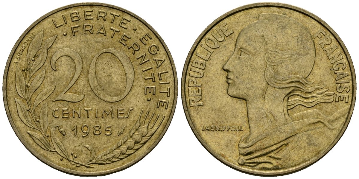Франция 20 сантимов 1985 тип Marianne KM 930 медь алюминий никель 4135-624