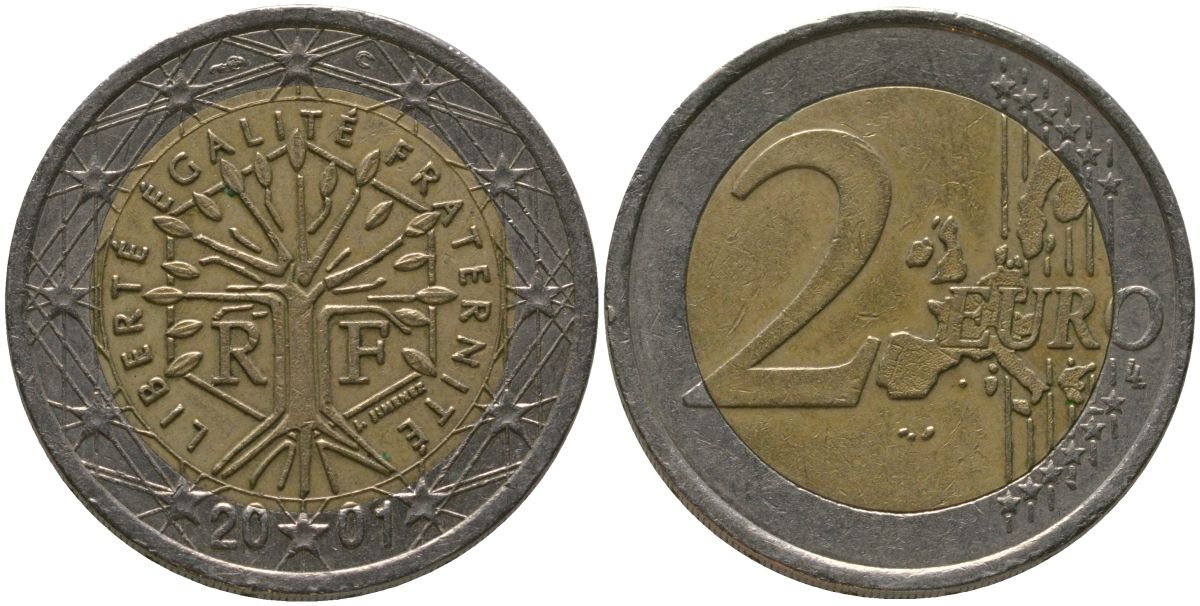 Франция 2 евро 2001 Дерево, символизирующее жизнь, непрерывность и рост KM 1289 биметалл 4573-1244