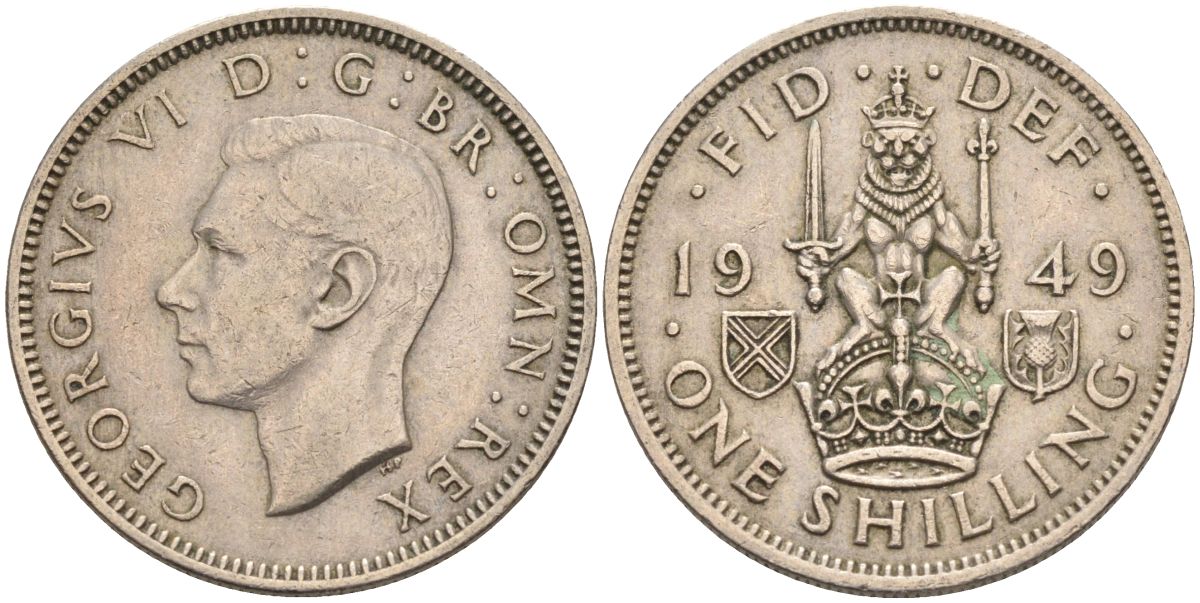 Великобритания 1 шиллинг 1949 Георг VI (1936-1952), Шотландский герб KM 877, Spink 4109 медно-никель 4126-412