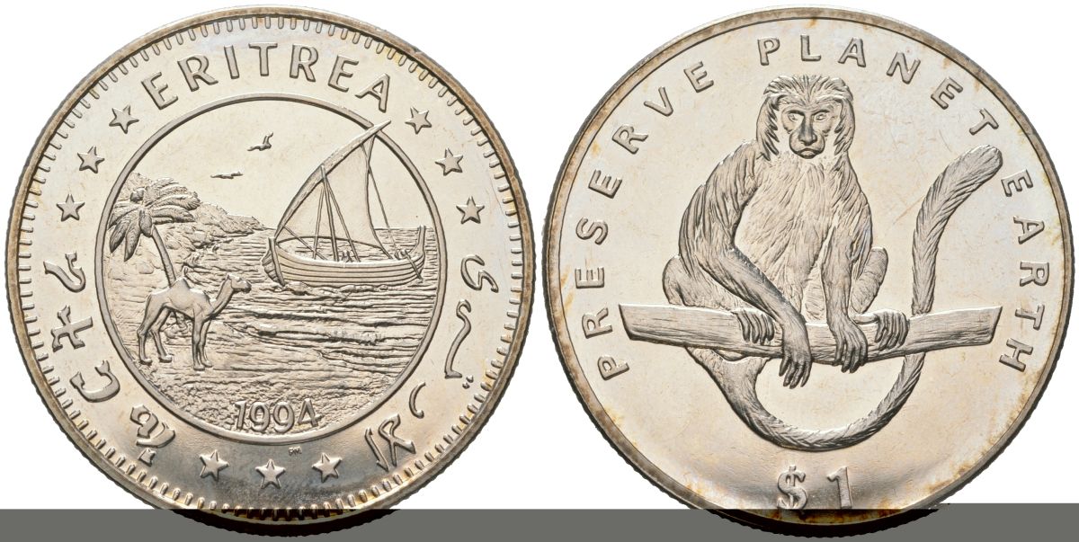 Эритрея 1 доллар 1994 берегите планету Земля - Колобус (Обезьяна) KM 17 медно-никель BU 4368-635